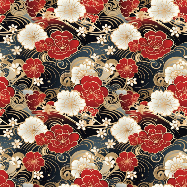 red, gold, black, white, floral pattern, peonies, cherry blossoms, swirling clouds, waves, japanese style, asian motif, ornate flowers,, fabric panel, elegant design, festive colors, botanical elements, flowing lines, decorative swirls