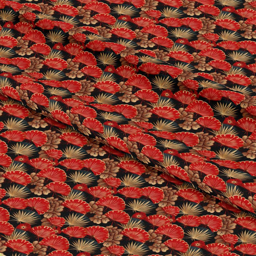 - Chinese Lunar Lantern Lights Pattern 8 Quilting Cotton Fabric  
- red, black, gold, beige  
- floral, fan shapes, lantern design  
- quilting, cotton fabric, yardage  
- decorative, traditional, elegant  
- textile, soft, printed fabric  
- craft, sewing material, home decor