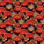 red fans, gold accents, black background, oriental pattern, decorative fans, brown flowers, palm fronds, tropical leaves, asian motifs, repeating design,, fabric panel, festive colors, ornate details, floral elements, cultural design, warm tones, intricate pattern, botanical accents