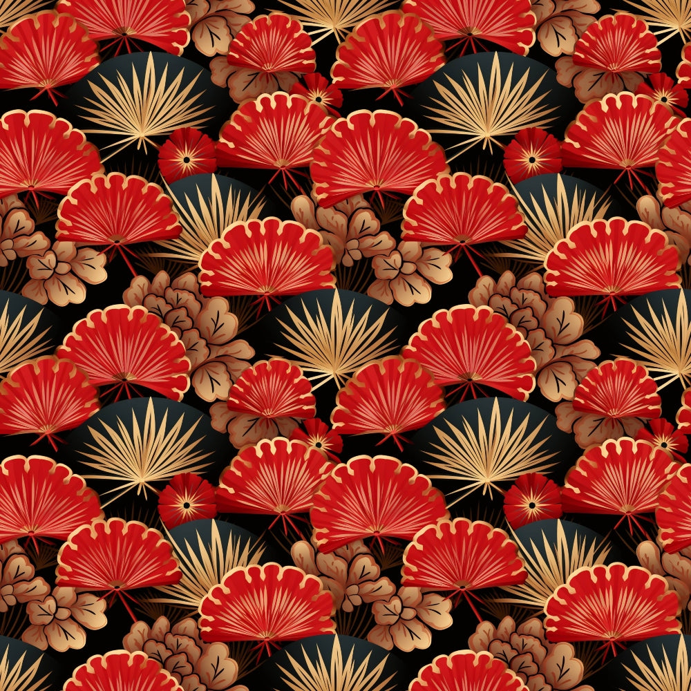 red fans, gold accents, black background, oriental pattern, decorative fans, brown flowers, palm fronds, tropical leaves, asian motifs, repeating design, quilting cotton, fabric panel, festive colors, ornate details, floral elements, cultural design, warm tones, intricate pattern, botanical accents