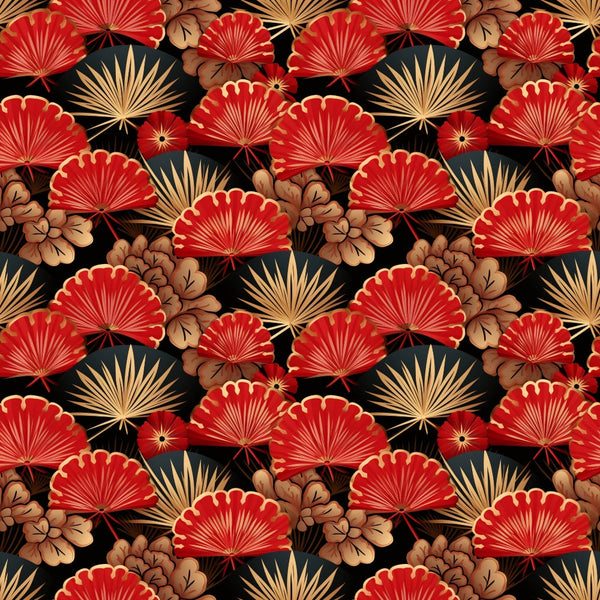 red fans, gold accents, black background, oriental pattern, decorative fans, brown flowers, palm fronds, tropical leaves, asian motifs, repeating design,, fabric panel, festive colors, ornate details, floral elements, cultural design, warm tones, intricate pattern, botanical accents