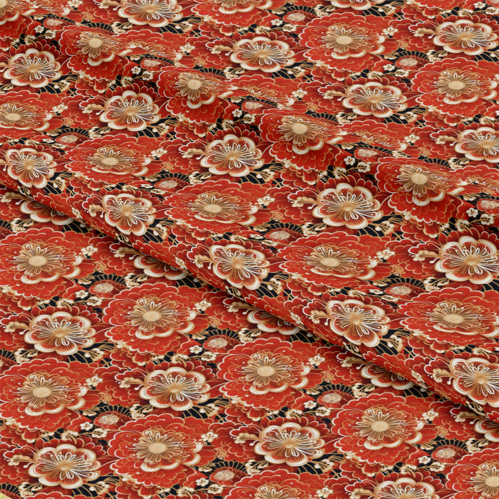 - Chinese Lunar Lantern Lights Pattern 9 Quilting Cotton Fabric  
- Floral motif, layered flowers, intricate design  
- Red, beige, black, gold tones  
- Cotton textile, soft texture, quilting material  
- Traditional, decorative, ornamental fabric