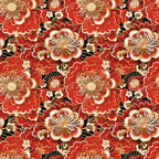 red fabric, coral red, cream accents, black details, floral pattern, blooming flowers, layered petals, ornate blooms, decorative motifs, asian inspired, botanical design, repeating pattern,, fabric panel, intricate details, warm tones, rich colors, elegant florals, textile art, crafting material