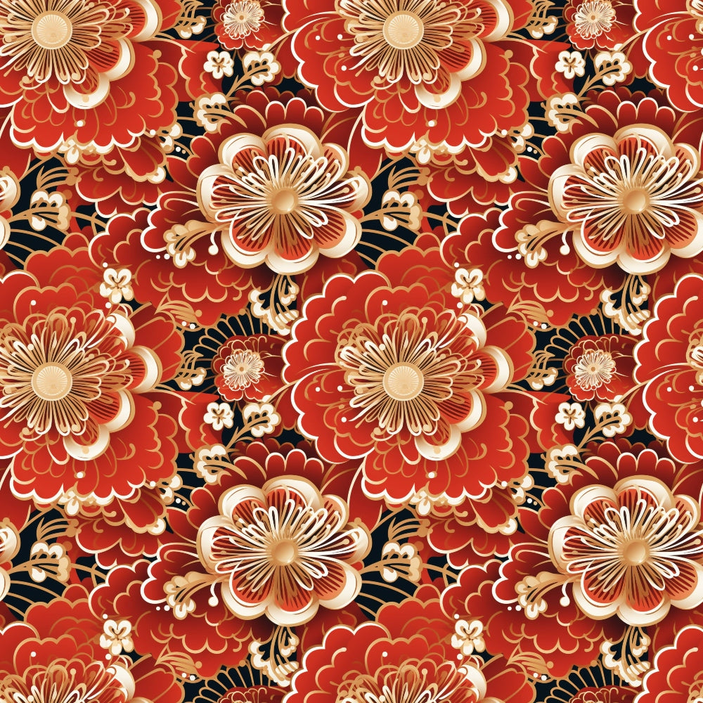 red fabric, coral red, cream accents, black details, floral pattern, blooming flowers, layered petals, ornate blooms, decorative motifs, asian inspired, botanical design, repeating pattern, quilting cotton, fabric panel, intricate details, warm tones, rich colors, elegant florals, textile art, crafting material
