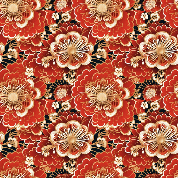 red fabric, coral red, cream accents, black details, floral pattern, blooming flowers, layered petals, ornate blooms, decorative motifs, asian inspired, botanical design, repeating pattern,, fabric panel, intricate details, warm tones, rich colors, elegant florals, textile art, crafting material