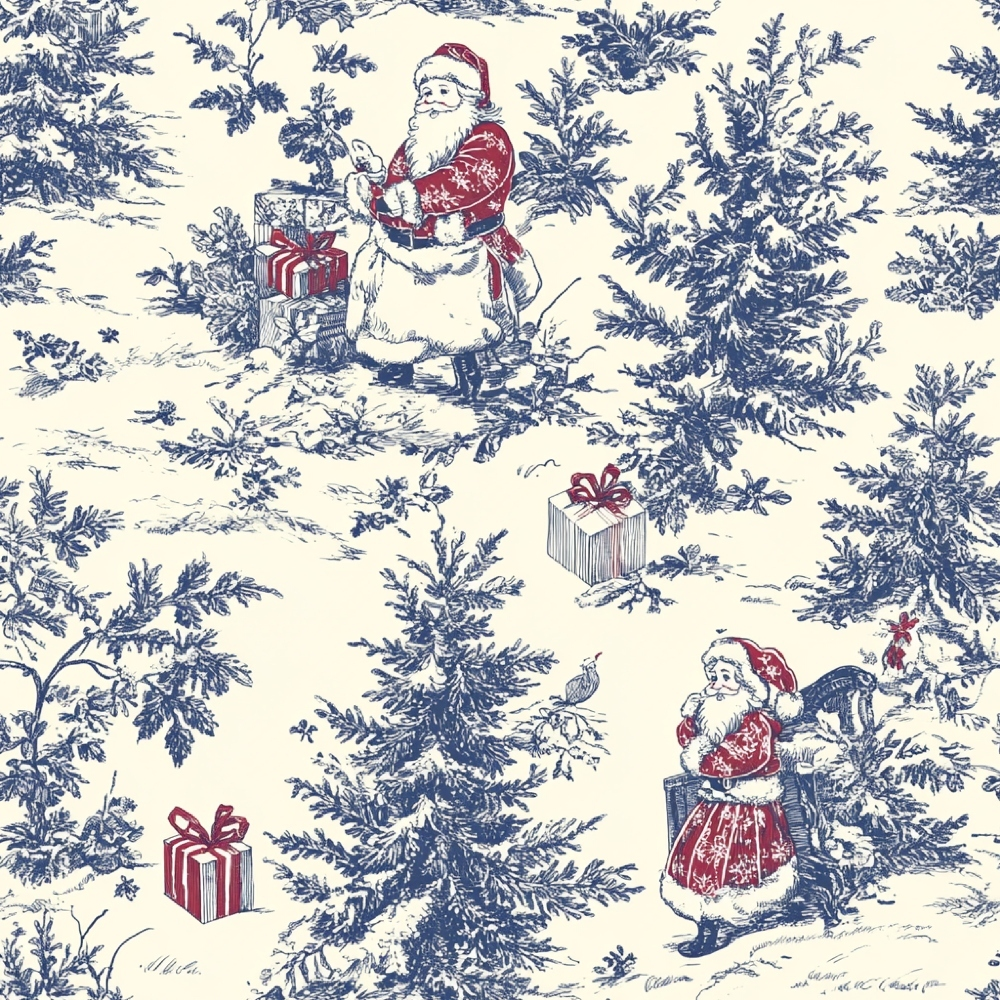 christmas fabric, santa claus, toile pattern, navy blue, cream background, red accents, winter scene, evergreen trees, gift boxes,, fabric panel, holiday motifs, chinoiserie style, vintage illustration, festive design, seasonal fabric, cotton fabric, christmas trees, wrapped presents