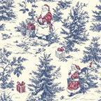 christmas fabric, santa claus, toile pattern, navy blue, cream background, red accents, winter scene, evergreen trees, gift boxes,, fabric panel, holiday motifs, chinoiserie style, vintage illustration, festive design, seasonal fabric, cotton fabric, christmas trees, wrapped presents