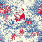 christmas fabric, santa claus, chinoiserie style, toile pattern, blue and red, cream background, gift boxes, pine branches, winter foliage, red ribbons,, fabric panel, holiday theme, vintage illustration, botanical motifs, festive design, christmas presents, evergreen sprigs, seasonal pattern, cotton fabric