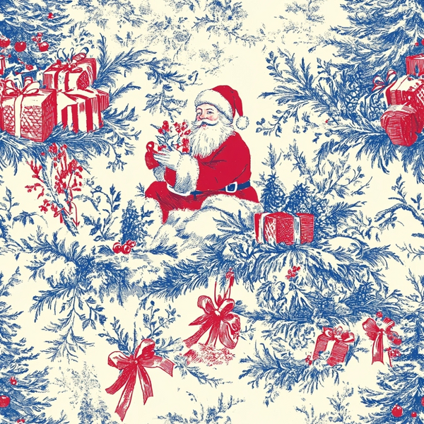 christmas fabric, santa claus, chinoiserie style, toile pattern, blue and red, cream background, gift boxes, pine branches, winter foliage, red ribbons,, fabric panel, holiday theme, vintage illustration, botanical motifs, festive design, christmas presents, evergreen sprigs, seasonal pattern, cotton fabric