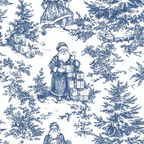 blue and white, chinoiserie style, santa claus, christmas trees, gift boxes, presents, toile pattern, vintage illustration, winter scene, evergreen trees, holiday motif,, fabric panel, monochromatic design, festive imagery, detailed etching, woodland setting, christmas themed, blue ink style, repeating pattern