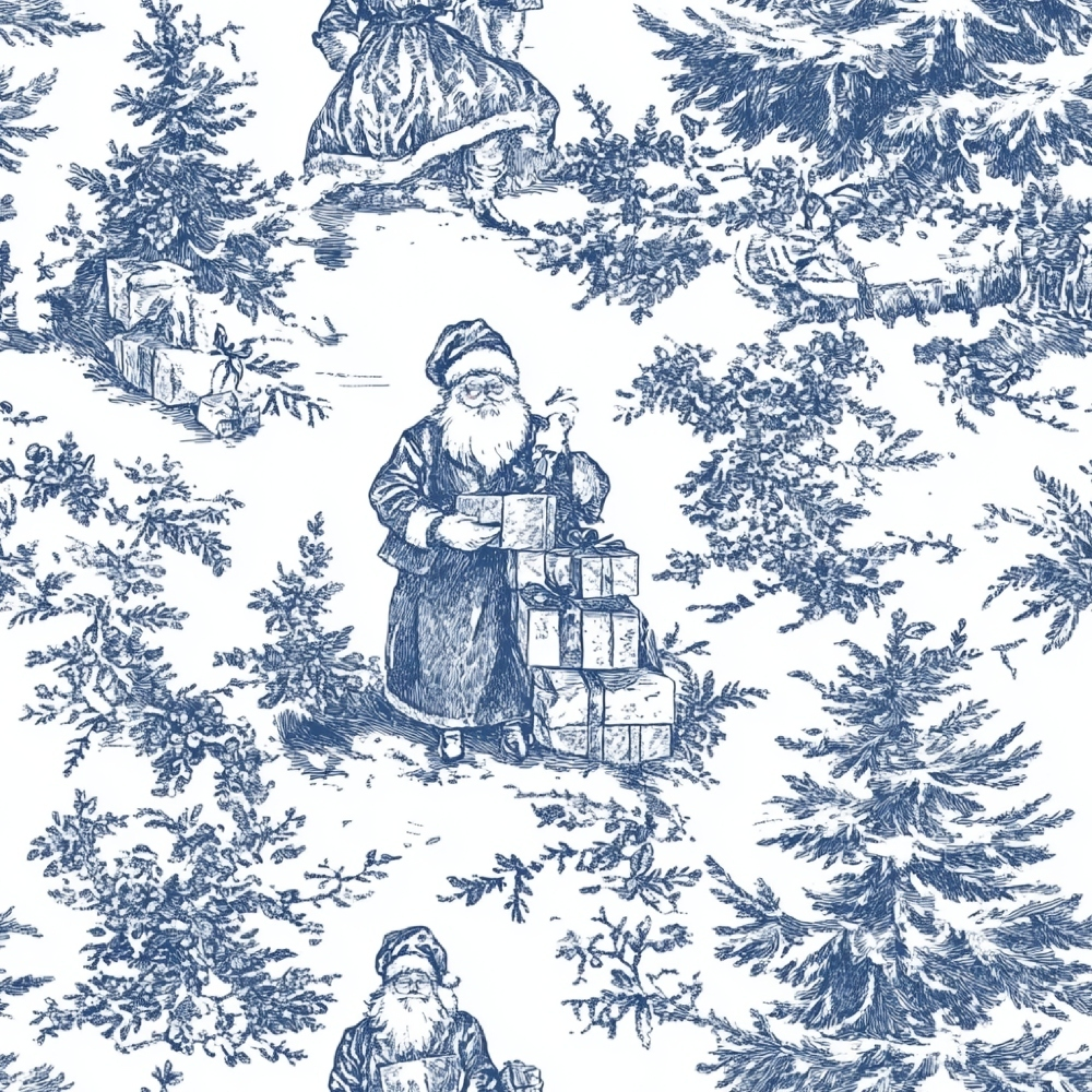 blue and white, chinoiserie style, santa claus, christmas trees, gift boxes, presents, toile pattern, vintage illustration, winter scene, evergreen trees, holiday motif,, fabric panel, monochromatic design, festive imagery, detailed etching, woodland setting, christmas themed, blue ink style, repeating pattern