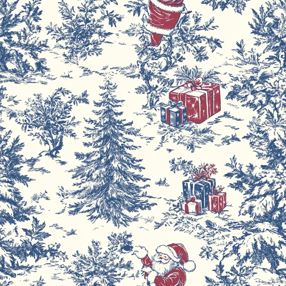 navy blue, cream white, burgundy red, toile pattern, chinoiserie style, christmas trees, wrapped gifts, santa claus, winter scene, snow covered, evergreen trees, present boxes, holiday motifs,, fabric panel, seasonal design, festive pattern, botanical elements, winter landscape, christmas themed