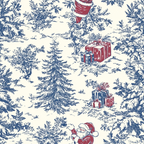 navy blue, cream white, burgundy red, toile pattern, chinoiserie style, christmas trees, wrapped gifts, santa claus, winter scene, snow covered, evergreen trees, present boxes, holiday motifs,, fabric panel, seasonal design, festive pattern, botanical elements, winter landscape, christmas themed
