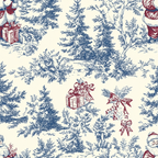 christmas fabric, chinoiserie style,, fabric panel, navy blue, burgundy red, cream background, evergreen trees, pine trees, gift boxes, ribbon bows, winter foliage, toile pattern, sketch style, holiday motifs, festive design, botanical elements, christmas presents, seasonal fabric, cotton quilting
