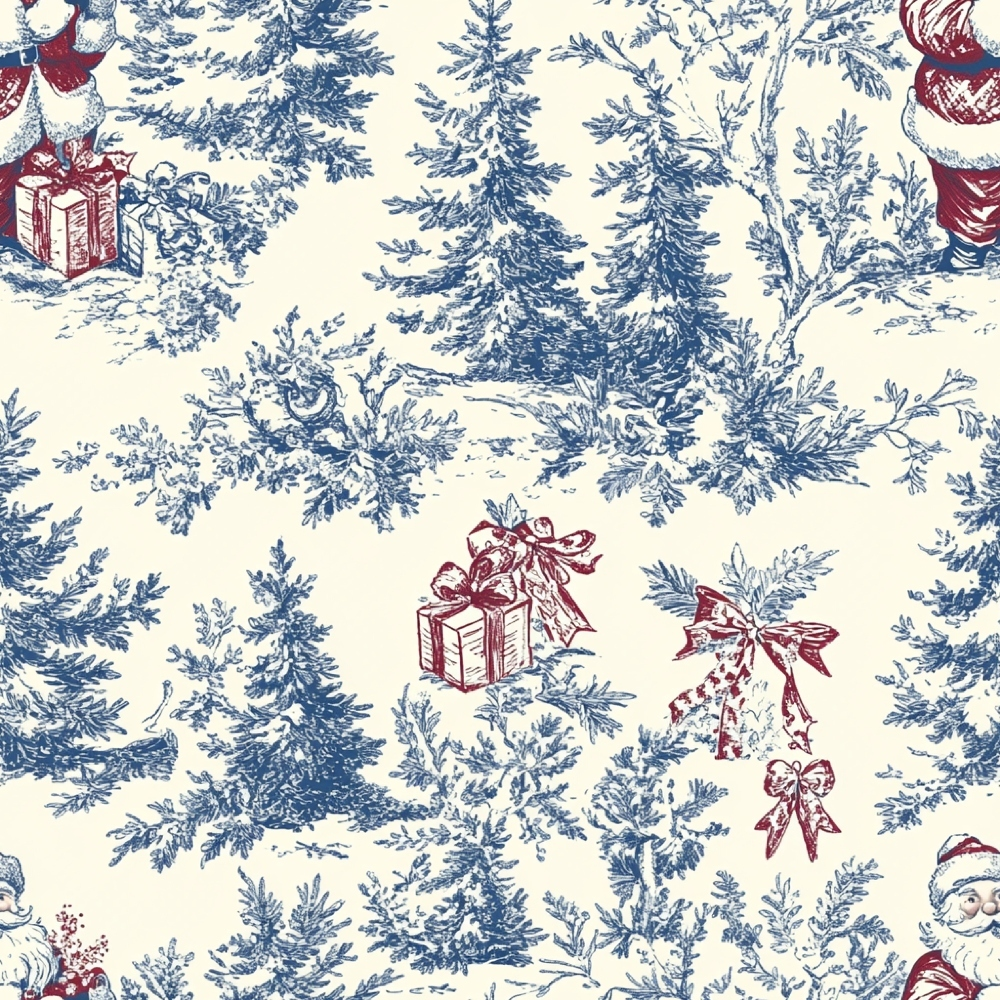 christmas fabric, chinoiserie style,, fabric panel, navy blue, burgundy red, cream background, evergreen trees, pine trees, gift boxes, ribbon bows, winter foliage, toile pattern, sketch style, holiday motifs, festive design, botanical elements, christmas presents, seasonal fabric, cotton quilting