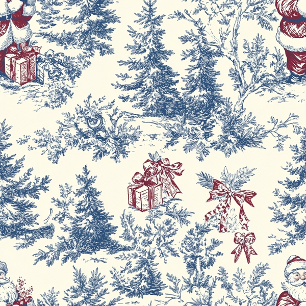 christmas fabric, chinoiserie style,, fabric panel, navy blue, burgundy red, cream background, evergreen trees, pine trees, gift boxes, ribbon bows, winter foliage, toile pattern, sketch style, holiday motifs, festive design, botanical elements, christmas presents, seasonal fabric, cotton quilting