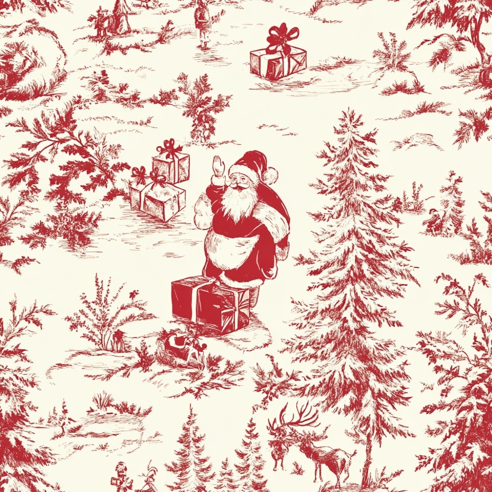 red and cream, toile pattern, santa claus, christmas gifts, evergreen trees, reindeer, winter forest, pastoral scene, chinoiserie style,, fabric panel, holiday motifs, monochromatic design, sketched illustration, festive imagery, woodland animals, present boxes, christmas theme, vintage aesthetic