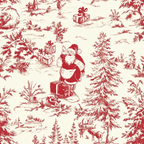 red and cream, toile pattern, santa claus, christmas gifts, evergreen trees, reindeer, winter forest, pastoral scene, chinoiserie style,, fabric panel, holiday motifs, monochromatic design, sketched illustration, festive imagery, woodland animals, present boxes, christmas theme, vintage aesthetic