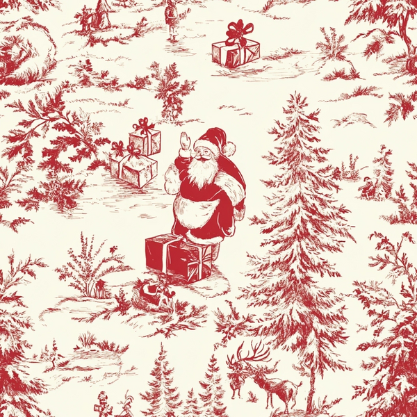 red and cream, toile pattern, santa claus, christmas gifts, evergreen trees, reindeer, winter forest, pastoral scene, chinoiserie style,, fabric panel, holiday motifs, monochromatic design, sketched illustration, festive imagery, woodland animals, present boxes, christmas theme, vintage aesthetic