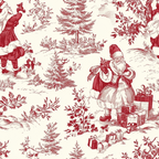 red and cream, santa claus, christmas trees, gift boxes, presents, winter scene, toile pattern, chinoiserie style,, fabric panel, holiday theme, evergreen trees, botanical elements, vintage illustration, monochromatic design, festive motif, christmas fabric, cotton material, repeating pattern, winter landscape