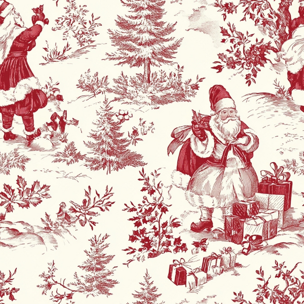 red and cream, santa claus, christmas trees, gift boxes, presents, winter scene, toile pattern, chinoiserie style,, fabric panel, holiday theme, evergreen trees, botanical elements, vintage illustration, monochromatic design, festive motif, christmas fabric, cotton material, repeating pattern, winter landscape