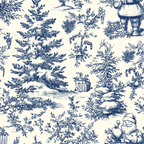 navy blue, cream background, toile pattern, chinoiserie style, santa claus, christmas trees, evergreen branches, candy canes, gift boxes, winter scene,, fabric panel, holiday motif, monochromatic design, sketched illustration, festive elements, pine trees, christmas ornaments, seasonal fabric, blue and white