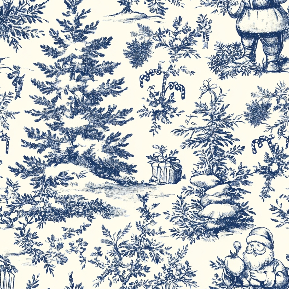 navy blue, cream background, toile pattern, chinoiserie style, santa claus, christmas trees, evergreen branches, candy canes, gift boxes, winter scene,, fabric panel, holiday motif, monochromatic design, sketched illustration, festive elements, pine trees, christmas ornaments, seasonal fabric, blue and white