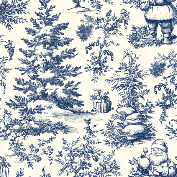 navy blue, cream background, toile pattern, chinoiserie style, santa claus, christmas trees, evergreen branches, candy canes, gift boxes, winter scene,, fabric panel, holiday motif, monochromatic design, sketched illustration, festive elements, pine trees, christmas ornaments, seasonal fabric, blue and white