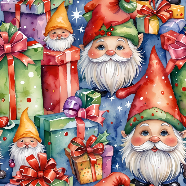 christmas gnomes, holiday elves, gift boxes, wrapped presents, red ribbons, green hats, white beards, orange hats, purple gifts, blue background, watercolor style, festive pattern,, fabric panel, holiday fabric, winter gnomes, christmas presents, starry night, whimsical illustration, seasonal motifs
