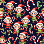 christmas elves, holiday pattern, red santa hats, green outfits, candy canes, holly leaves, striped stockings, cheerful characters, festive design,, fabric panel, dark navy background, pointed ears, belt buckles, christmas theme, winter pattern, seasonal fabric, craft material, repeating motif