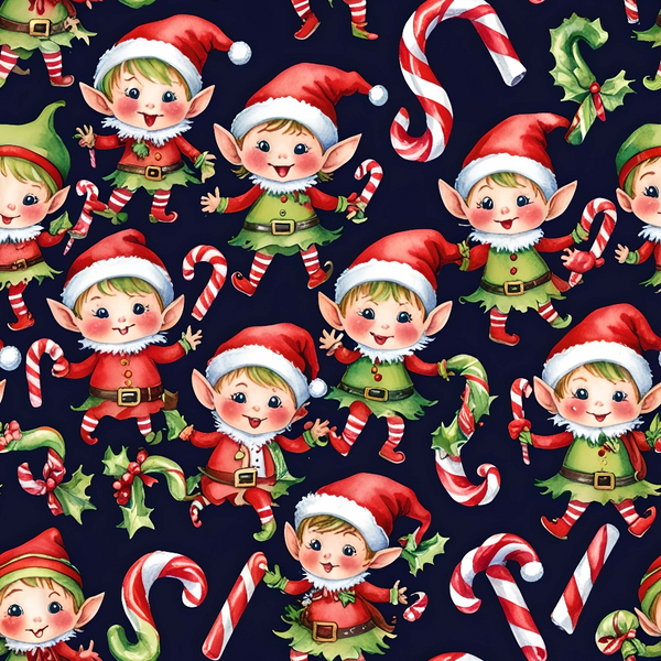 christmas elves, holiday pattern, red santa hats, green outfits, candy canes, holly leaves, striped stockings, cheerful characters, festive design,, fabric panel, dark navy background, pointed ears, belt buckles, christmas theme, winter pattern, seasonal fabric, craft material, repeating motif