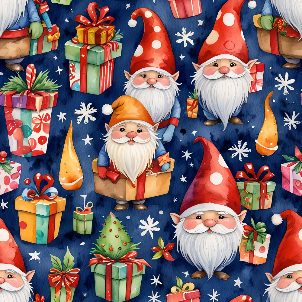 christmas gnomes,, fabric panel, navy blue background, red polka dot hats, white beards, gift boxes, wrapped presents, snowflakes, winter theme, holiday pattern, whimsical illustration, festive characters, orange hats, colorful ribbons, christmas trees, scattered design, cheerful gnomes, seasonal fabric, craft material
