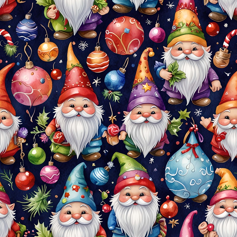 christmas gnomes,, fabric panel, holiday pattern, red, blue, green, purple, orange, pink, ornaments, candy canes, holly leaves, snowflakes, whimsical illustration, festive design, colorful beards, pointed hats, seasonal motif, repeating pattern, navy background, christmas decorations, winter theme