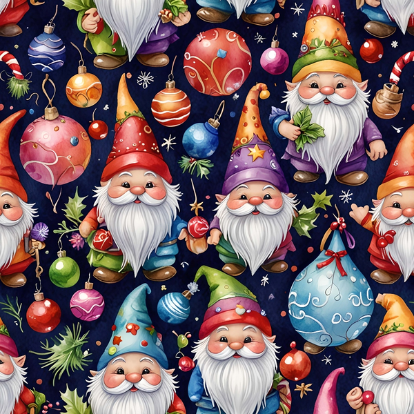 christmas gnomes,, fabric panel, holiday pattern, red, blue, green, purple, orange, pink, ornaments, candy canes, holly leaves, snowflakes, whimsical illustration, festive design, colorful beards, pointed hats, seasonal motif, repeating pattern, navy background, christmas decorations, winter theme