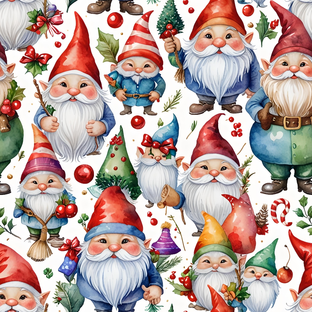 christmas gnomes, holiday pattern, red pointed hats, white beards, blue clothing, green accents, holly berries, candy canes, christmas trees, festive ornaments,, fabric panel, whimsical characters, seasonal motifs, red and green, holiday crafting, winter gnomes, cheerful design, repeating pattern, craft fabric