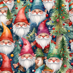 christmas gnomes,, fabric panel, red hats, white beards, evergreen trees, christmas ornaments, festive pattern, holiday characters, blue background, colorful baubles, winter theme, whimsical illustration, pointed hats, gnome figures, christmas decorations, seasonal fabric, craft material, repeating pattern, holiday quilting