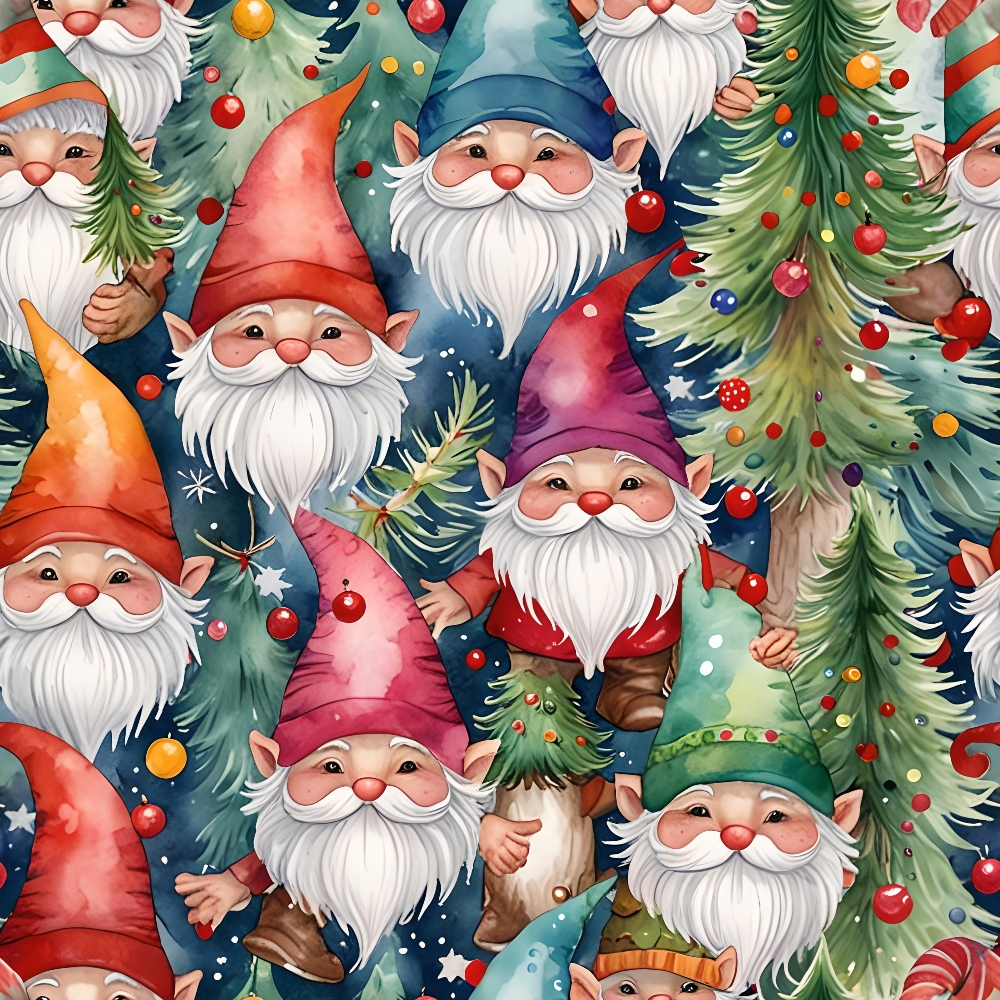 christmas gnomes,, fabric panel, red hats, white beards, evergreen trees, christmas ornaments, festive pattern, holiday characters, blue background, colorful baubles, winter theme, whimsical illustration, pointed hats, gnome figures, christmas decorations, seasonal fabric, craft material, repeating pattern, holiday quilting