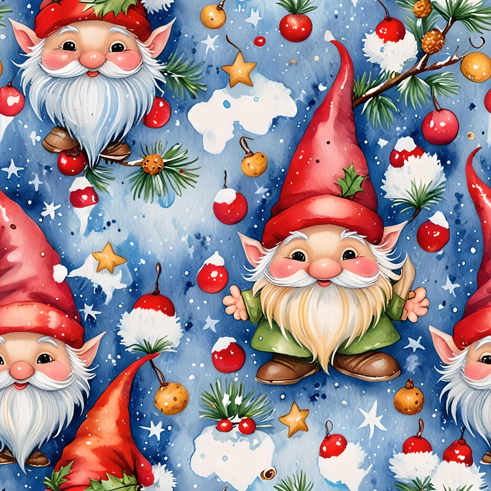 christmas gnomes, red pointed hats, white beards, blue background, winter pattern, holiday fabric,, fabric panel, pine branches, ornaments, stars, snowflakes, festive characters, whimsical illustration, seasonal motifs, red and green, cheerful gnomes, christmas decorations, winter wonderland, holiday quilting