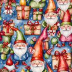 christmas gnomes, holiday elves, gift boxes, present wrapping, red ribbons, green hats, white beards, blue background, snowflakes, candy canes, festive pattern, whimsical characters,, fabric panel, holiday crafting, christmas sewing, winter theme, cheerful gnomes, wrapped presents, seasonal motifs