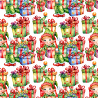 christmas elves, gift boxes, presents, red ribbons, green outfits, watercolor style, holiday pattern,, fabric panel, seamless repeat, festive colors, red accents, green tones, blue details, wrapped gifts, christmas characters, holiday motifs, cotton fabric, quilting material, seasonal design