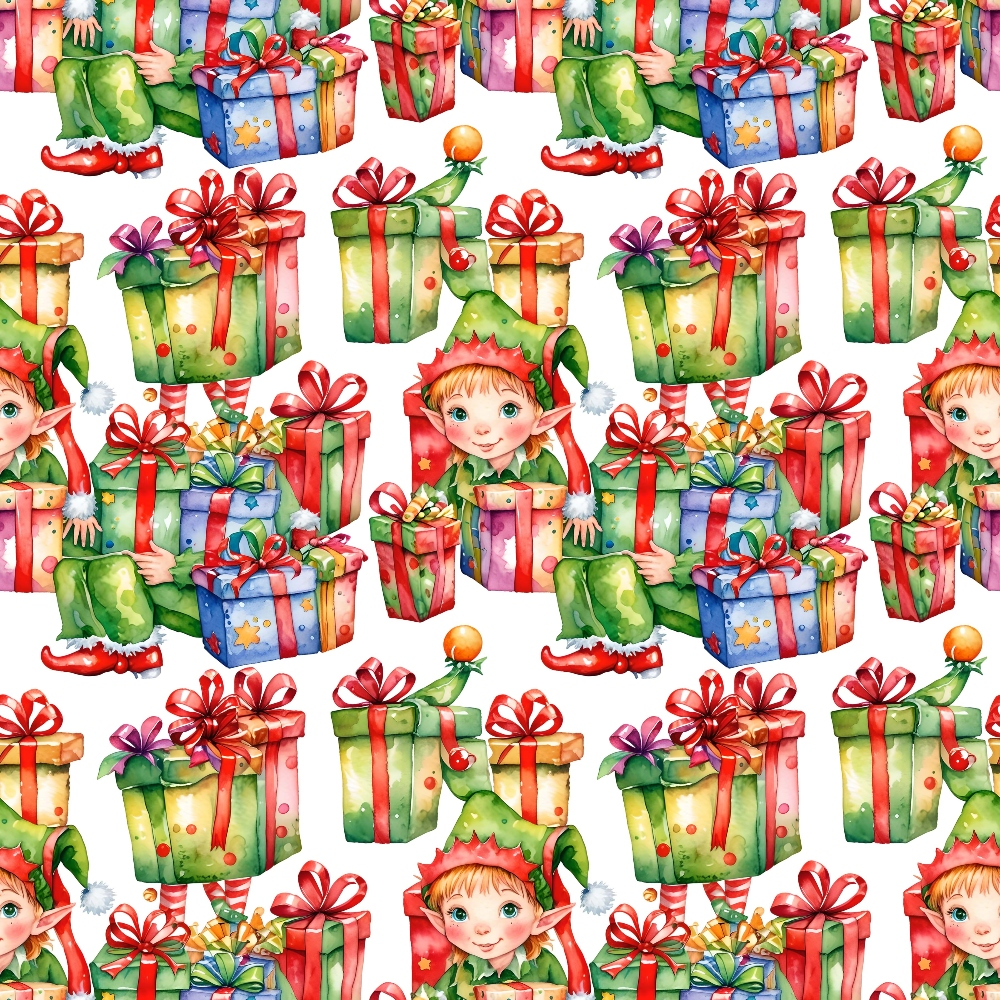 christmas elves, gift boxes, presents, red ribbons, green outfits, watercolor style, holiday pattern,, fabric panel, seamless repeat, festive colors, red accents, green tones, blue details, wrapped gifts, christmas characters, holiday motifs, cotton fabric, quilting material, seasonal design