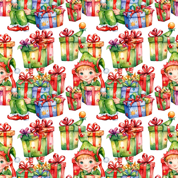 christmas elves, gift boxes, presents, red ribbons, green outfits, watercolor style, holiday pattern,, fabric panel, seamless repeat, festive colors, red accents, green tones, blue details, wrapped gifts, christmas characters, holiday motifs, cotton fabric, quilting material, seasonal design