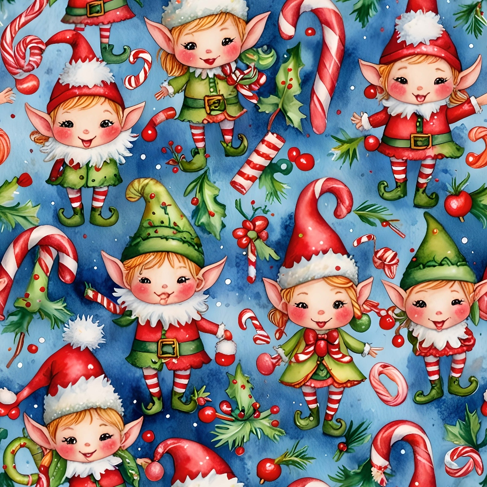 christmas elves, holiday gnomes, red and green, blue background, candy canes, holly berries, striped stockings, pointed hats,, fabric panel, festive pattern, winter theme, cheerful characters, christmas motif, seasonal design, red white stripes, green foliage, holiday decorations, whimsical style, repeating pattern