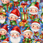 christmas gnomes, holiday elves, gift boxes, present wrapping, red santa hats, green clothing, white beards, blue background, snowflakes, red ribbons,, fabric panel, festive pattern, winter characters, rosy cheeks, pointed ears, christmas theme, holiday crafting, seasonal fabric, cheerful expressions