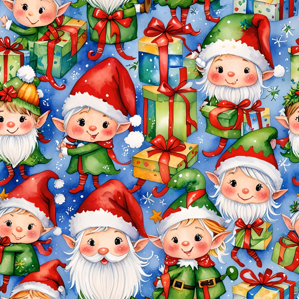 christmas gnomes, holiday elves, gift boxes, present wrapping, red santa hats, green clothing, white beards, blue background, snowflakes, red ribbons,, fabric panel, festive pattern, winter characters, rosy cheeks, pointed ears, christmas theme, holiday crafting, seasonal fabric, cheerful expressions