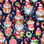 christmas gnomes, red, white, navy blue, green, candy canes, lollipops, swirls, striped hats, white beards, pointed ears, festive characters, whimsical illustrations, holiday treats, stars, seamless pattern,, fabric panel, watercolor style, cheerful mood, winter theme, christmas stockings, holly berries