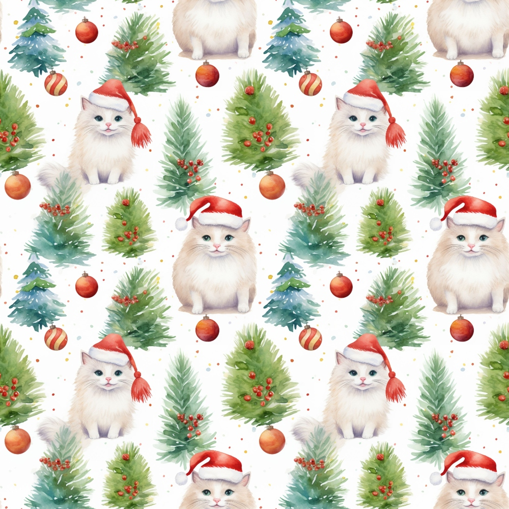 christmas cats, santa hats, white kittens, red ornaments, green pine trees, holly berries, watercolor style, festive pattern,, fabric panel, holiday theme, winter decoration, cute animals, seamless repeat, red and green, christmas ornaments, pine branches, adorable kittens, seasonal fabric, craft material