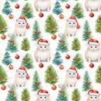 christmas cats, santa hats, white kittens, red ornaments, green pine trees, holly berries, watercolor style, festive pattern,, fabric panel, holiday theme, winter decoration, cute animals, seamless repeat, red and green, christmas ornaments, pine branches, adorable kittens, seasonal fabric, craft material
