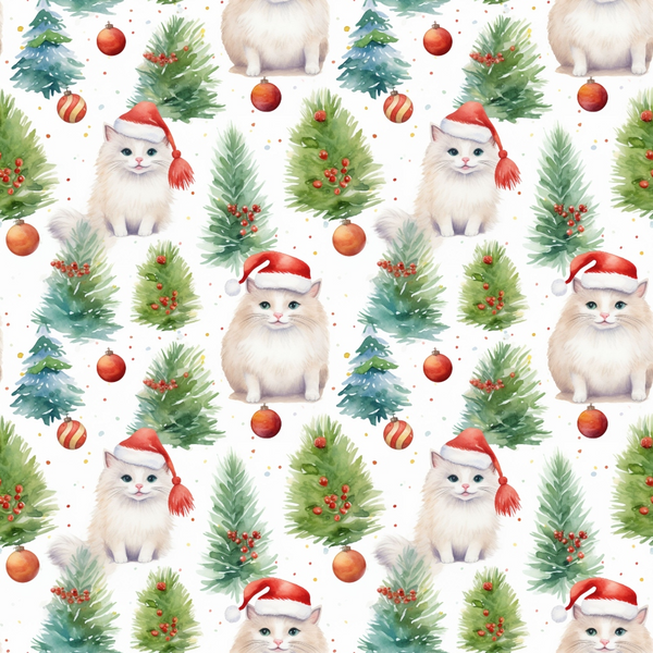 christmas cats, santa hats, white kittens, red ornaments, green pine trees, holly berries, watercolor style, festive pattern,, fabric panel, holiday theme, winter decoration, cute animals, seamless repeat, red and green, christmas ornaments, pine branches, adorable kittens, seasonal fabric, craft material