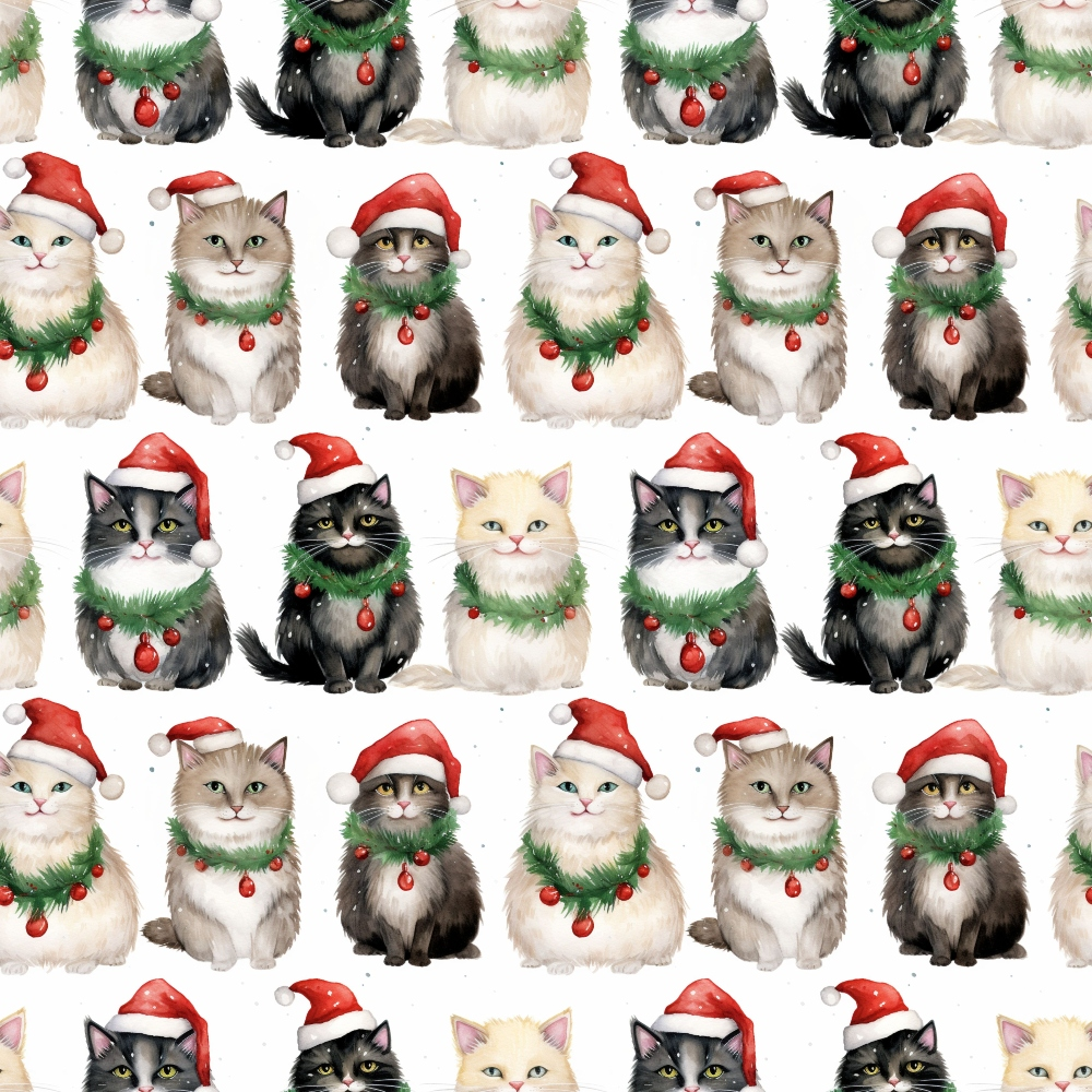 christmas cats, santa hats, red santa hats, white cats, gray cats, black cats, tabby cats, green garland, red ornaments, christmas ornaments, repeating pattern,, fabric panel, holiday theme, festive cats, watercolor style, cute kittens, christmas decorations, seasonal fabric, cotton fabric